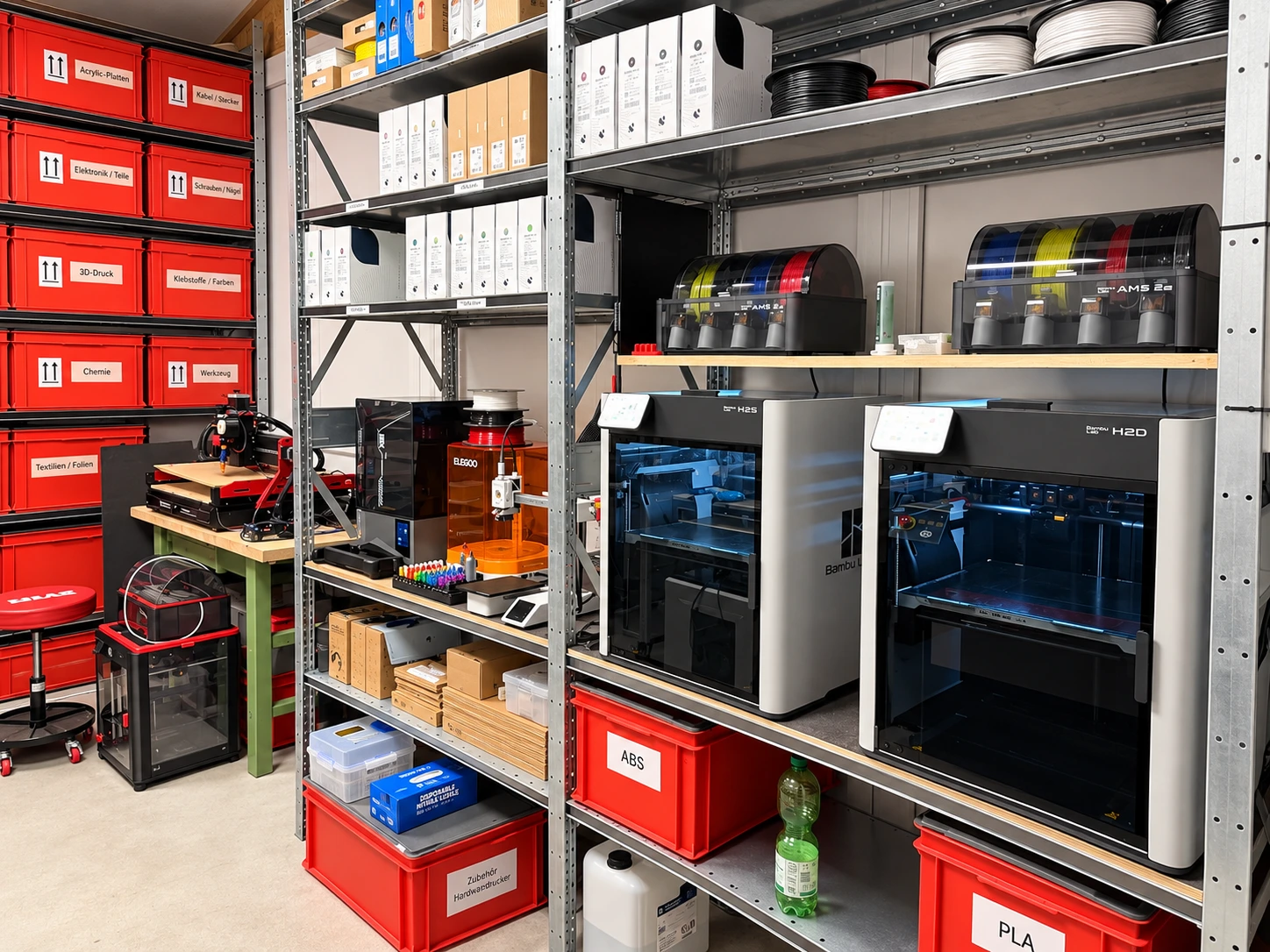 Werkstatt mit mehreren 3D-Druckern, Filamentstationen und übersichtlich Materialregalen.